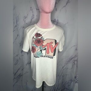 MTV Women’s White Logo Floral Graphic  T-Shirt Sz M